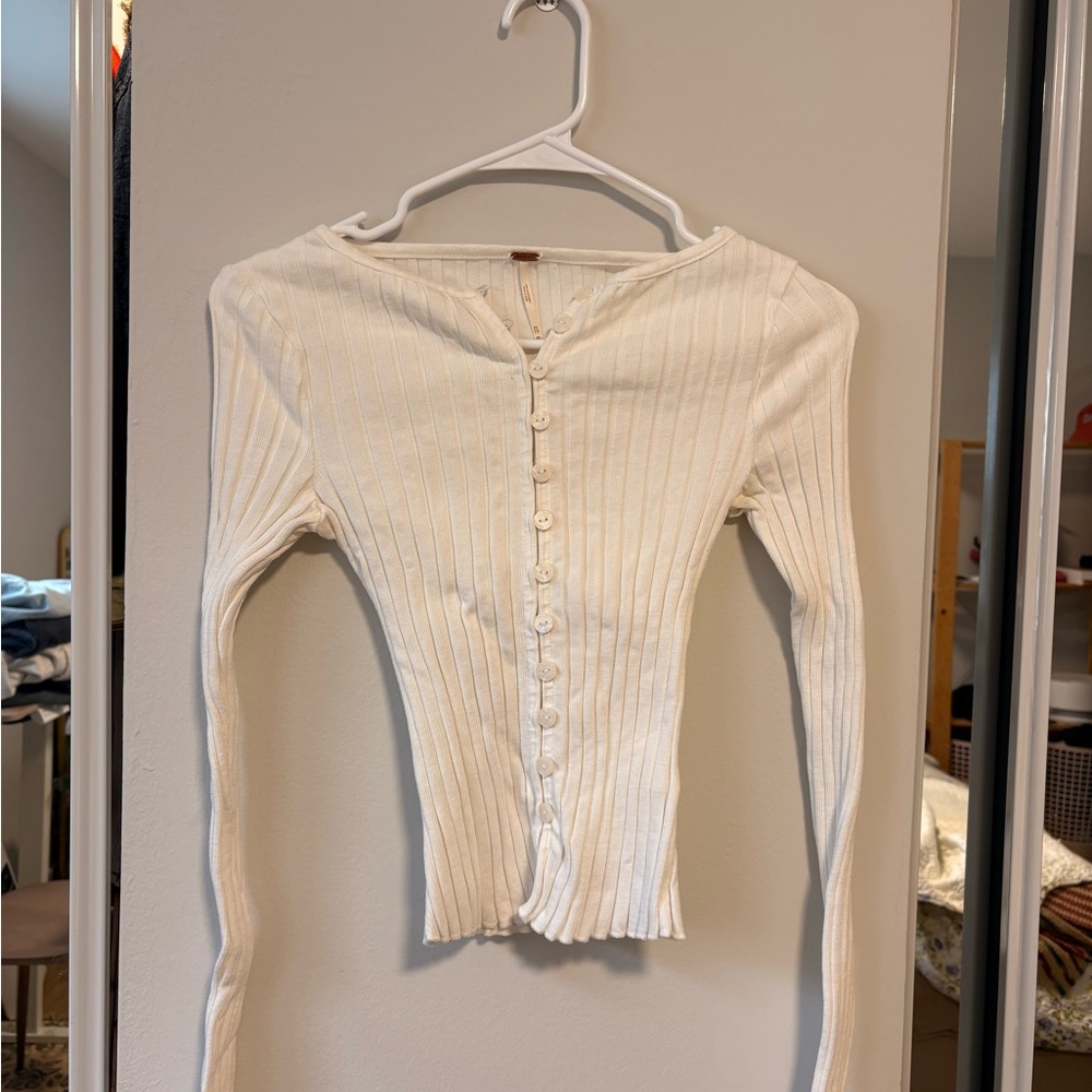 Free People Cream Ribbed Button-Down Long Sleeve Top